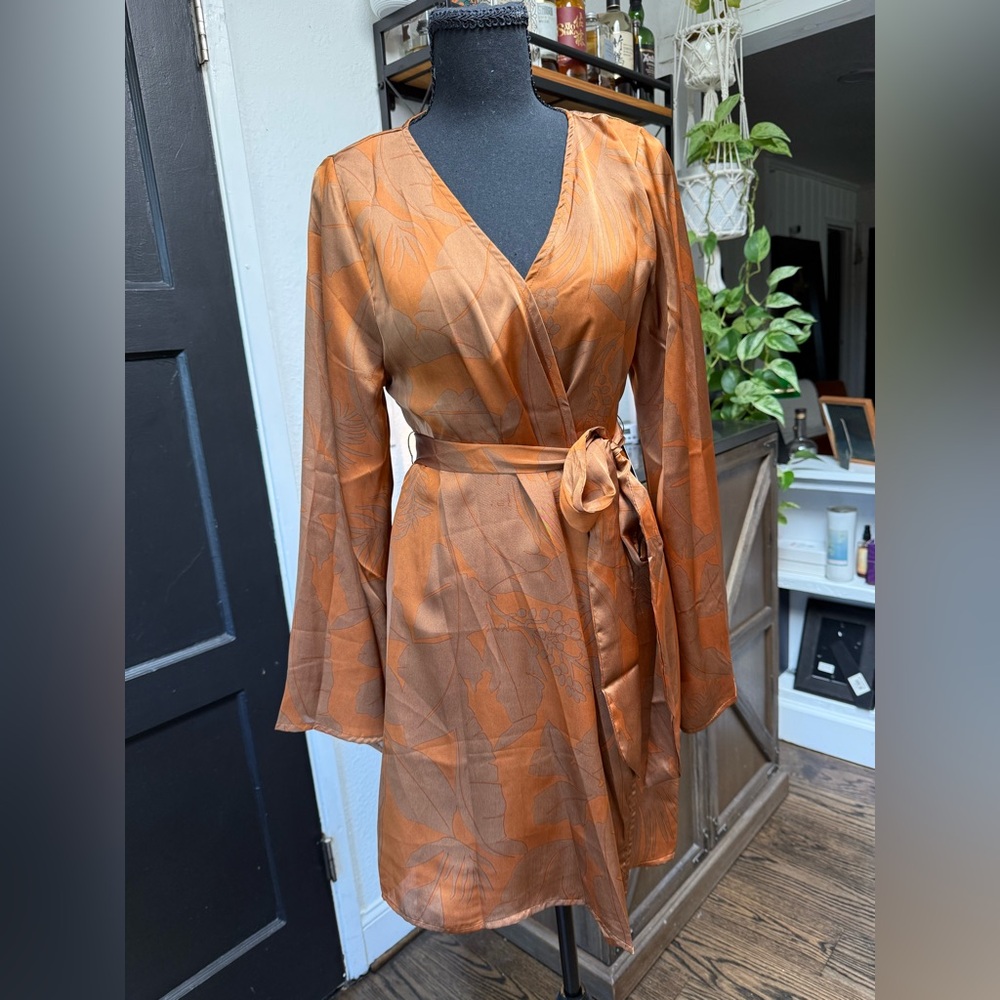 12th Tribe Orange Satin Wrap Mini Dress